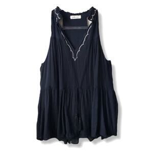 Women Black Sleeveless V Neck Embroidered Babydoll Top S Boho Whimsygoth Fairy